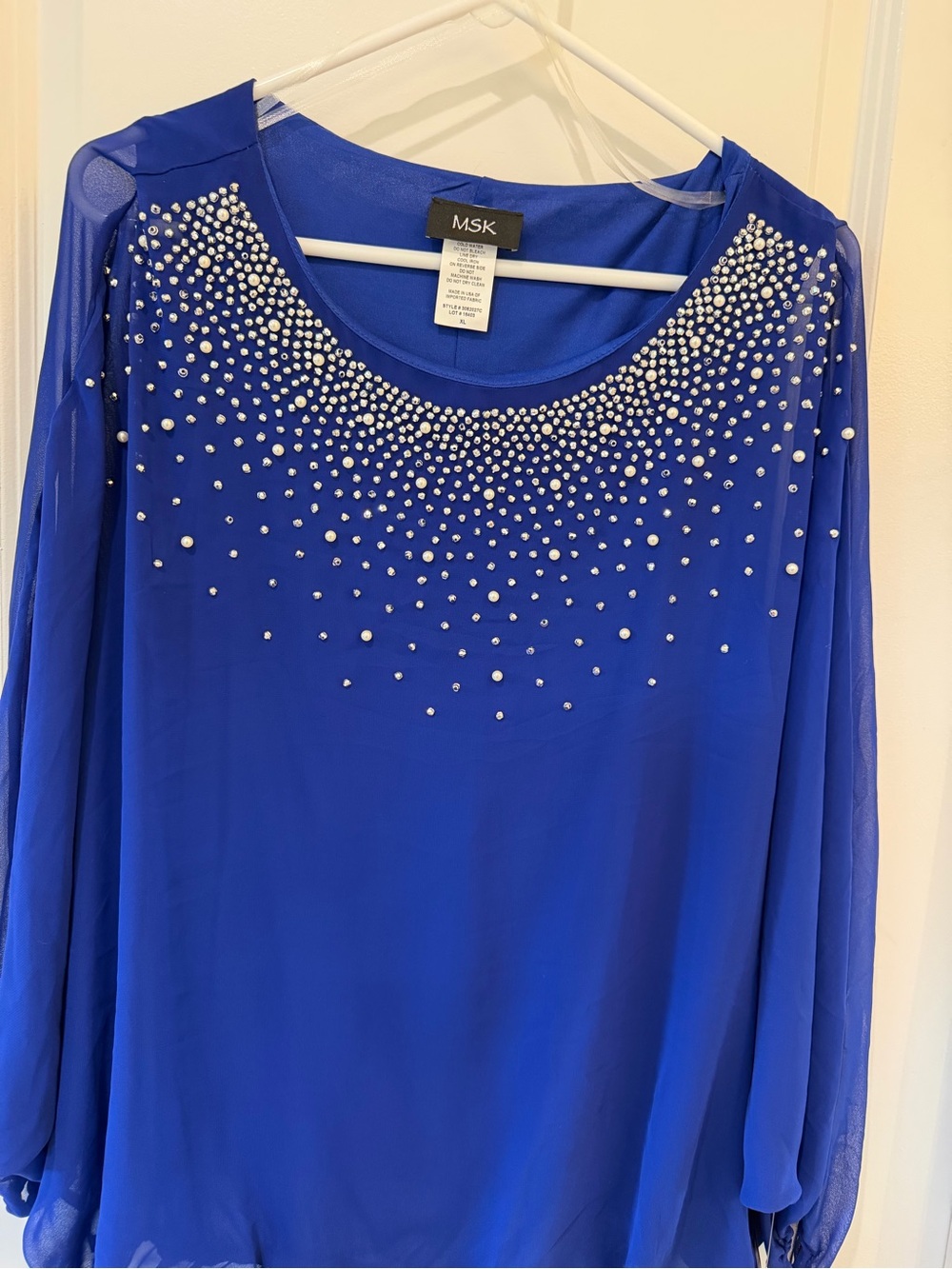 MSK Cobalt Blue Rhinestone-Studded Chiffon Top